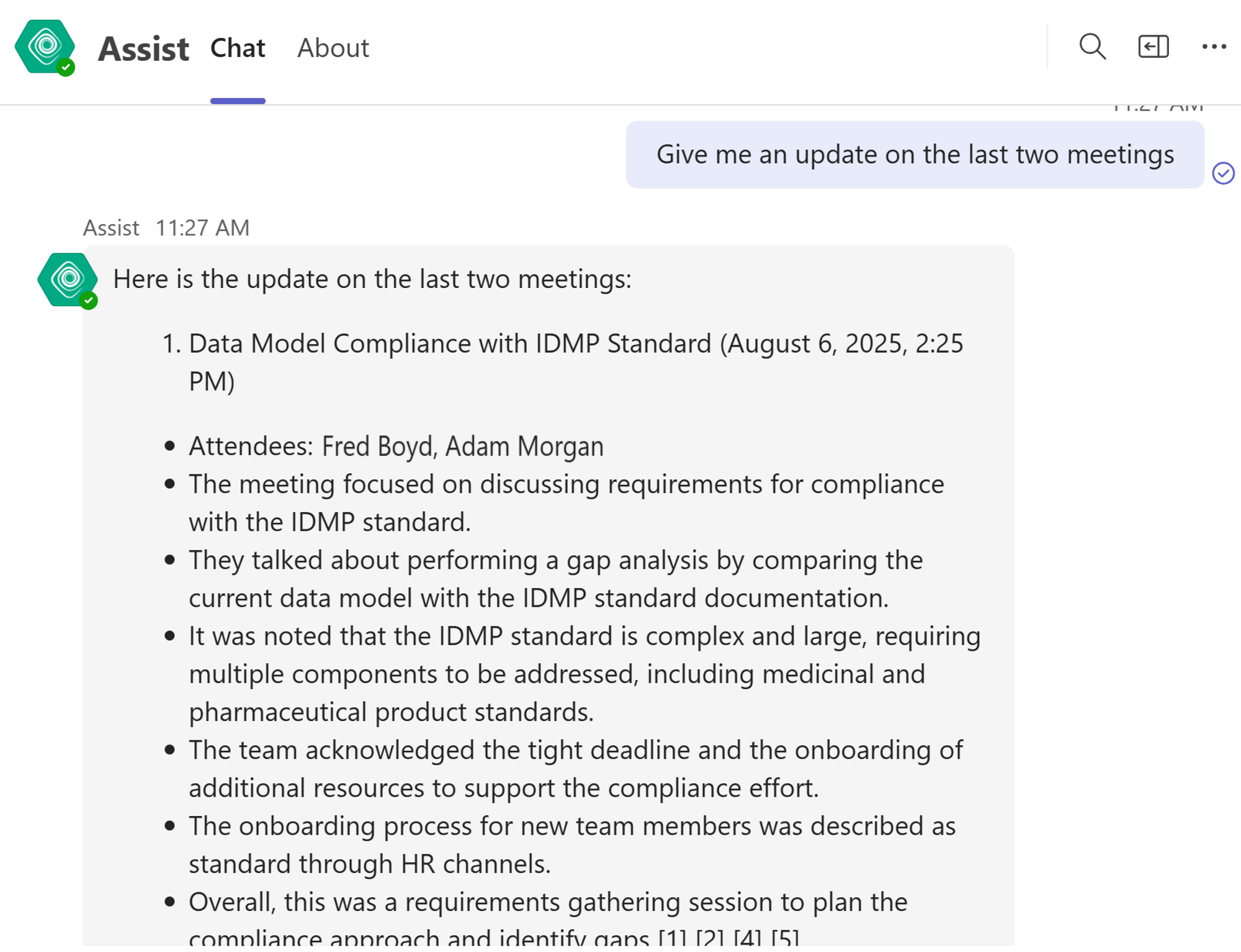Assist conversational bot interface showing an AI-powered chat providing detailed meeting summaries and updates on IDMP standard compliance discussions