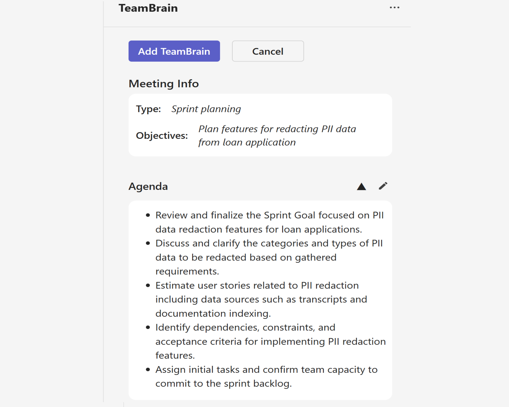 TeamBrain meeting agenda interface showing an AI-generated sprint planning agenda with detailed objectives and tasks