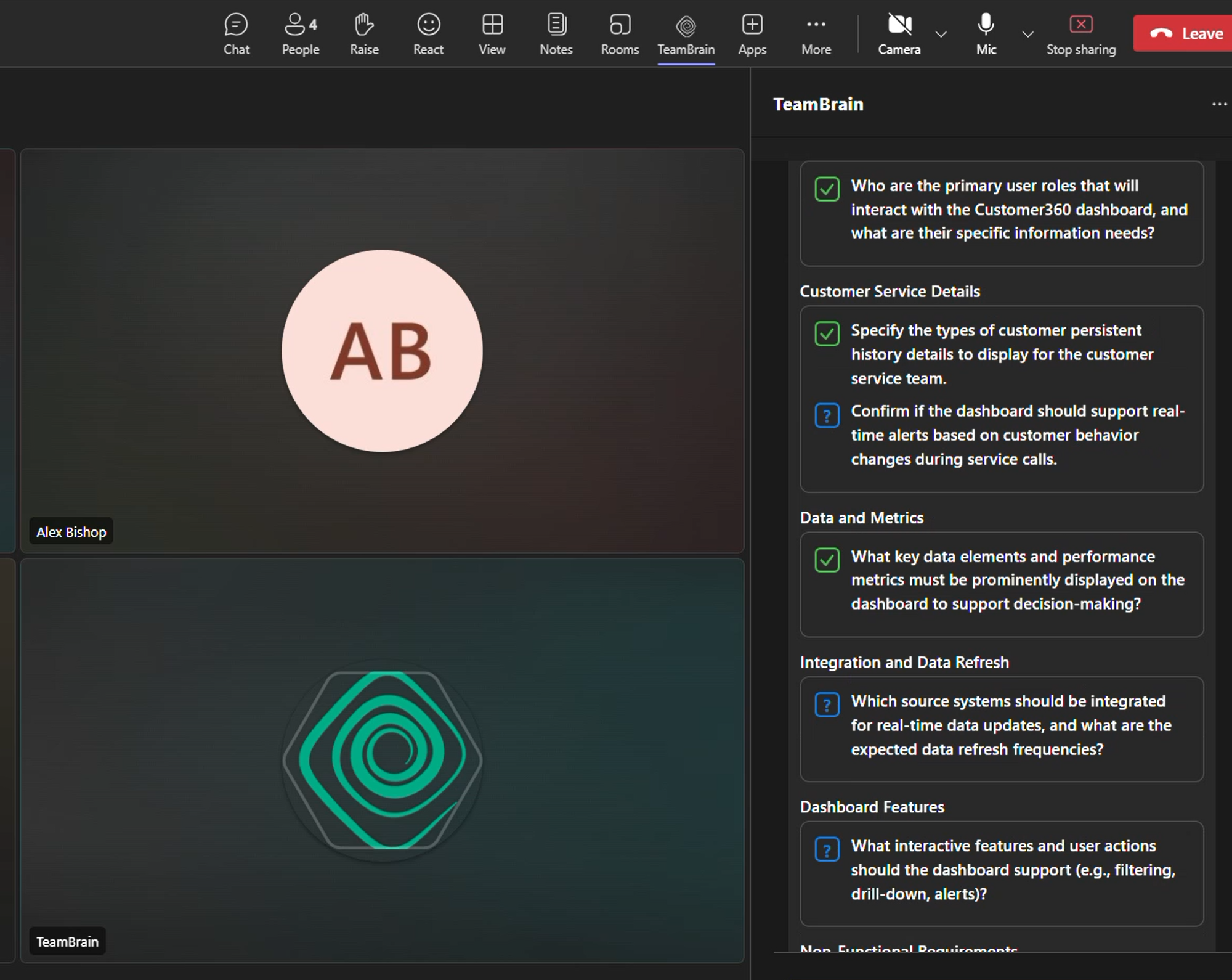 TeamBrain real-time insights interface showing AI-powered meeting assistance
